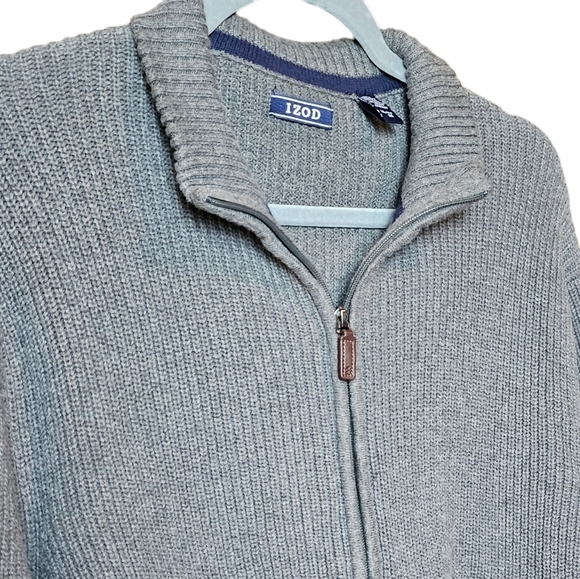 IZOD Men's Gray Long Sleeve Reversible Zipper Woven Cotton Knit Sweater Cardigan - Picture 9 of 10